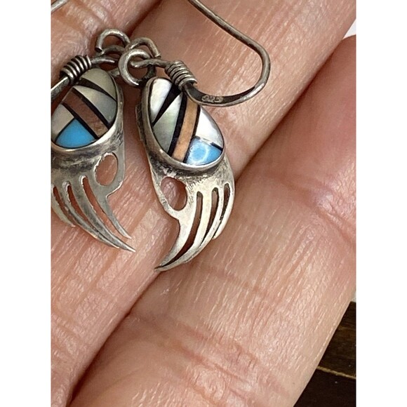 NAVAJO TURQUOISE CORAL DANGLE DROP BEAR PAW 925 STERLING SILVER VINTAGE EARRINGS - Picture 1 of 9